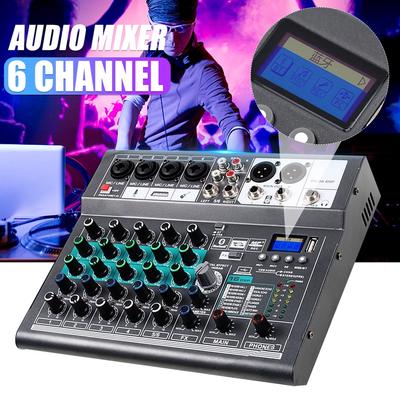 Professional Mixer Sound 6-channel Mixing Console Computer Stage Recording USB Sound Card High Low Tone Bluetooth DJ Live Broadcast 15W Black