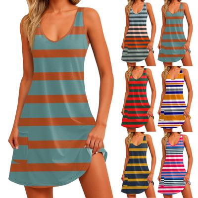 Women's Casual Print Summer Bohemian Beach Dress With Pockets V Neck Tank Dress