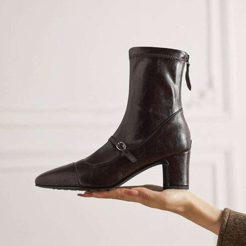 

Осень и зима кожаные ботинки Мартин круглый носок задняя молния высокий каблук большой размер женские ботинки квадратный каблук новые коровья кожа низкие ботинки женские 40 коричневый