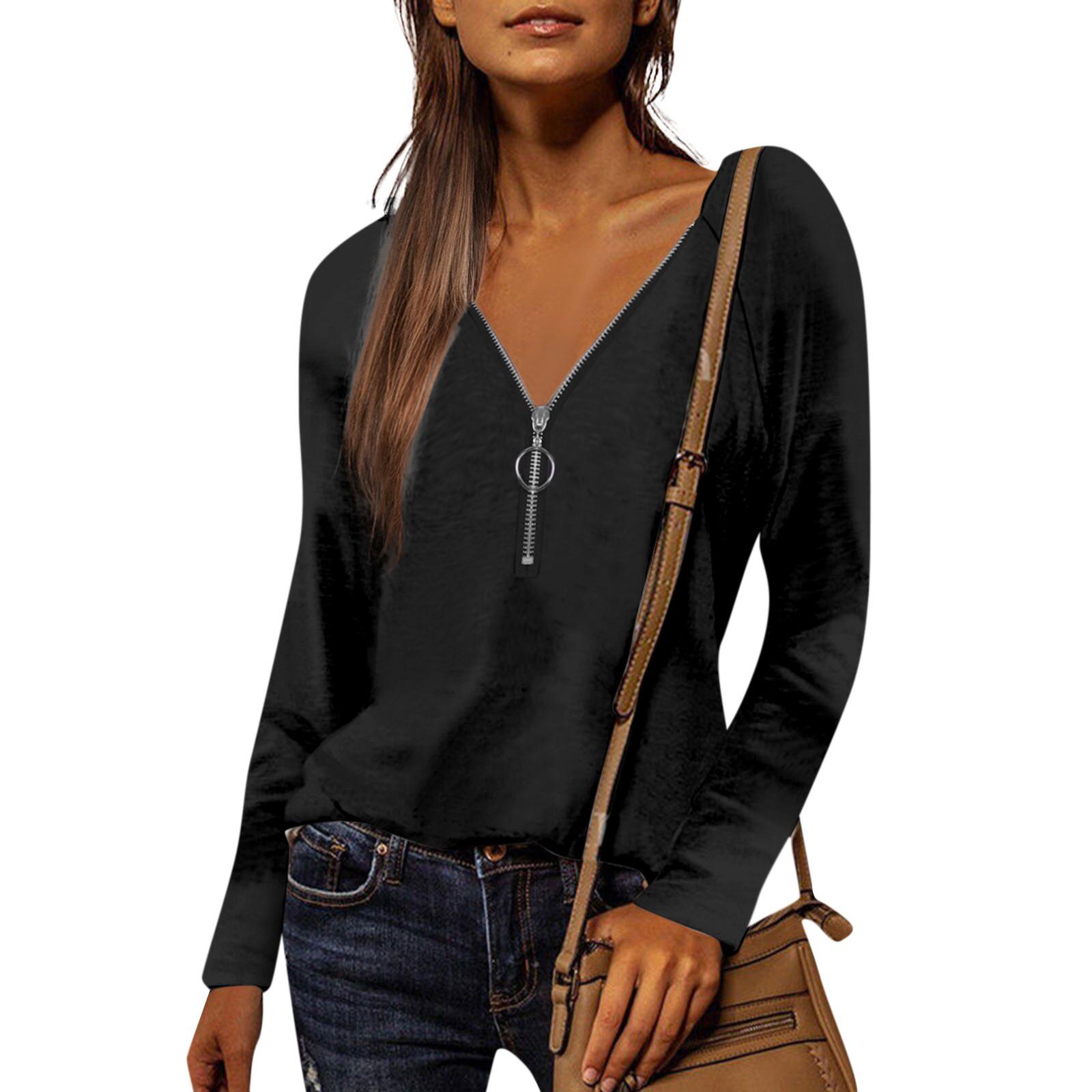 

Women s Shirt Blouse Casual Shirts Long Sleeve V Neck Zipper Tee Pullover Tops L чёрный