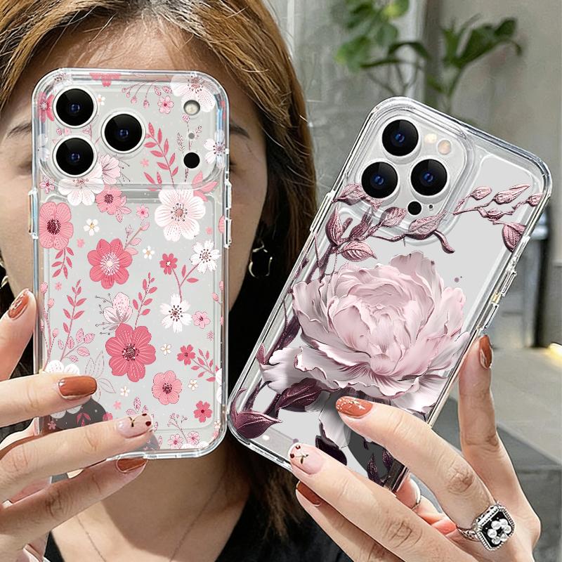 Transparent Flower Pattern Phone Case For iPhone 17e 17 16 15 14 13 Pro Max 17 16 Pro 16e 12 11 Clear Shockproof Soft Back Cover
