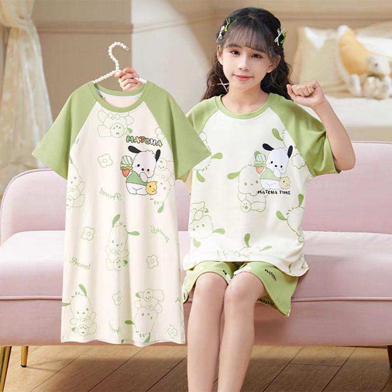 Three-Piece Girls' Pajama Set: Short Sleeve, Long Pants, Lightweight Sleepwear for Kids
