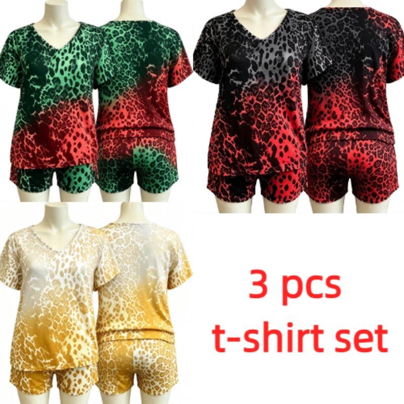 Summer European Streets Leopard Style Printed V-Neck Short Sleeved T-Shirt And Shorts Set Women's and Men's T-shirt Shorts Set