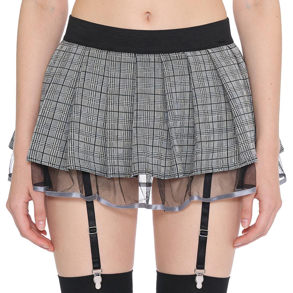 Damska Mini Spódniczka Cosplay Uczennicy z Podwiązkami Warstwowa Plisowana w Kratę z Podszewką z Tiulu Elastyczny Pas