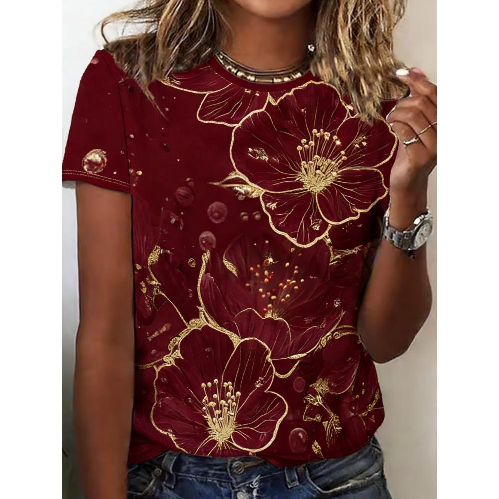 Ladies Summer Colorful Dazzling Flowers Printed Large Loose Casual T-shirt Fashionable Comfortable Soft Breathable Short Sleeved T-shirt