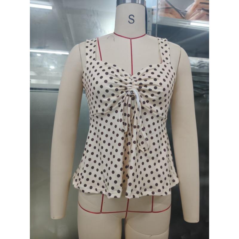 Women Summer New French Polka Dot Drawstring Waist Peplum Hem Cami Top