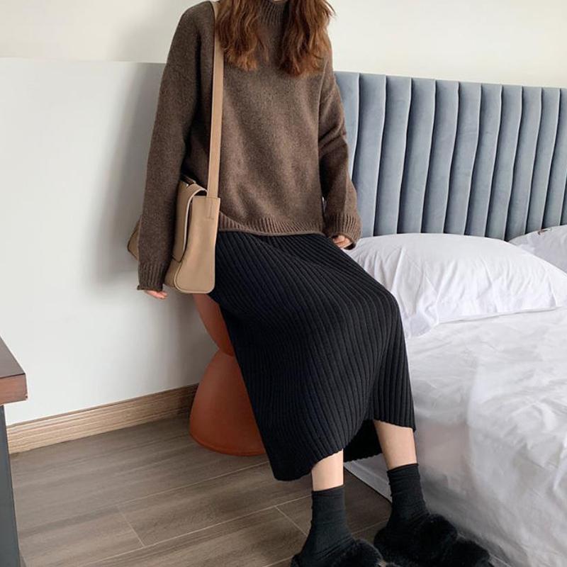 WTEMPO Μονόχρωμες Πλεκτές Φούστες Α γραμμής Γυναικείες Ίσιες Μίντι Κορεάτικου Στυλ Κομψές Σικ Ανοιξιάτικες Φθινοπωρινές Ζεστές Μακριές Φούστες