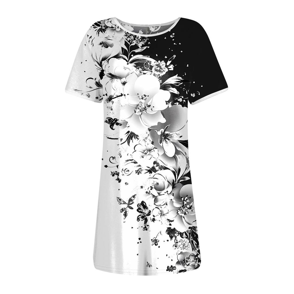 Damenmode Lässiges Kleid mit Blumendruck Rundhalsausschnitt Kurze Ärmel Minirock