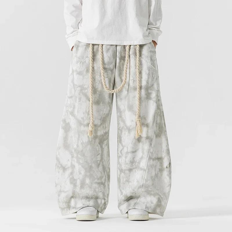 2026 Men Flared Pants Chinese Style Men Tie-Dye Wide Leg Pants Autumn Fashion Unisex Baggy Trousers Male Streetwear Sweatpants