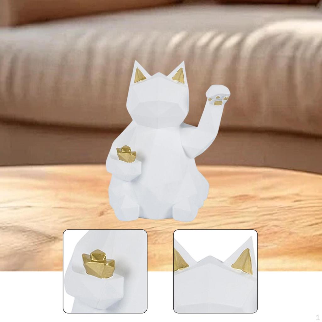Cat Figurine Feng Shui Wealth Decor Desktop Ornament Home Tabletop Animal Sculpture for