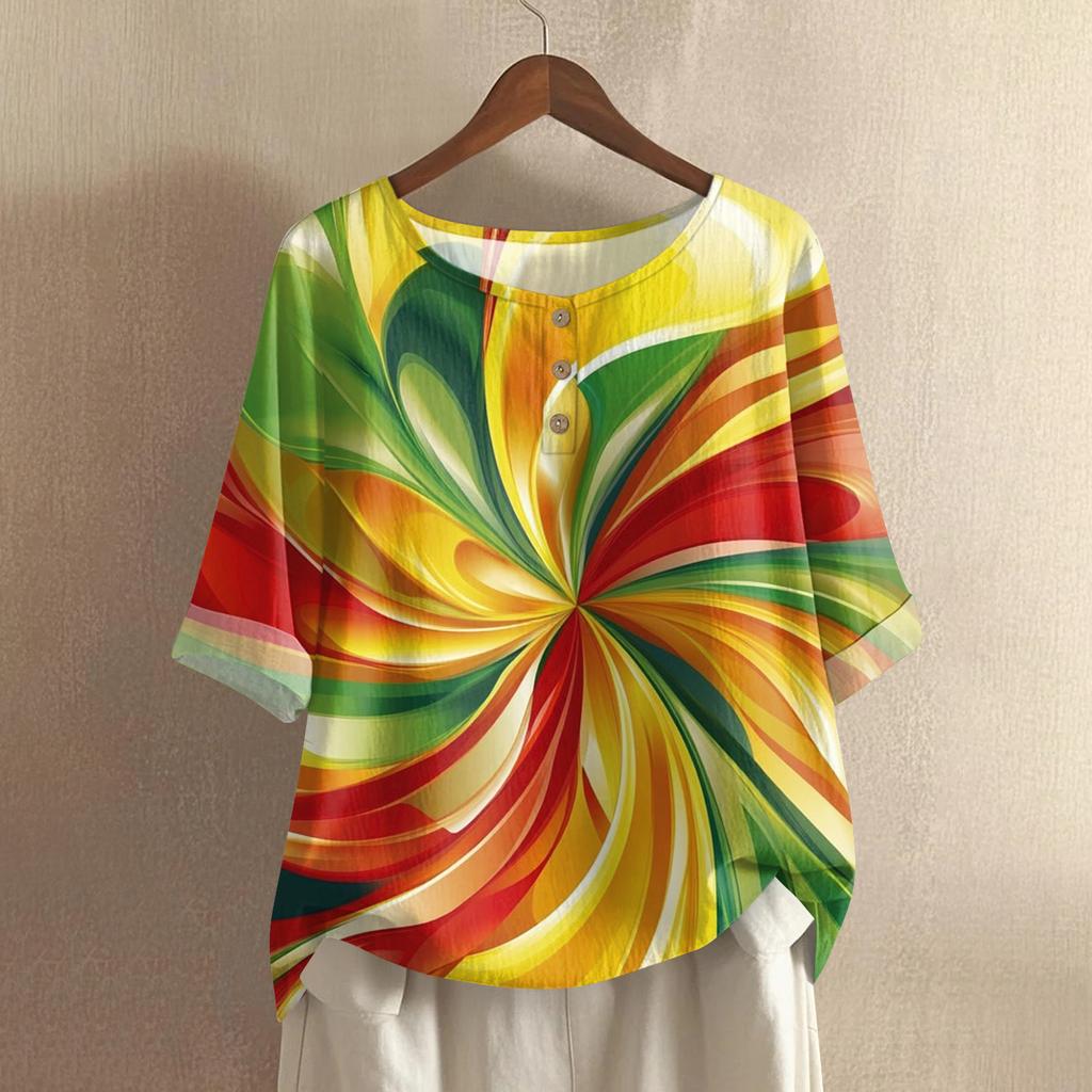 Women's Fashionable And Casual Shirt Half-sleeve Round Neck Cotton And Linen Blouse Top