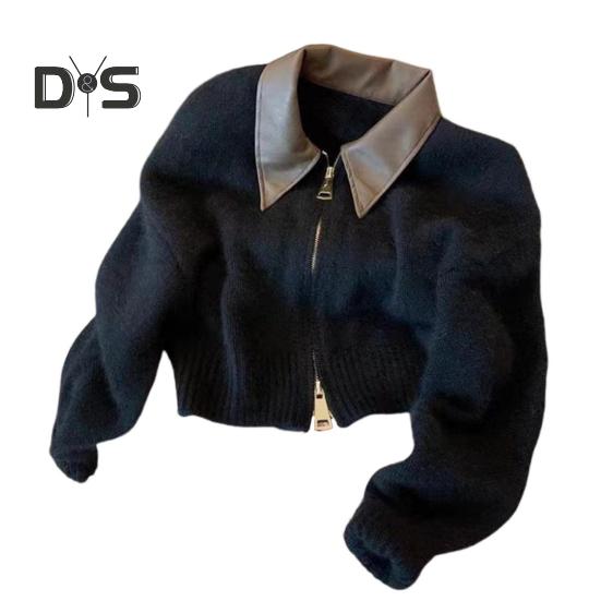 Женский свитер пальто лацкан длинный рукав застежка-молния вязаный кардиган пэчворк цветная ребристая отделка свободный крой повседневный трикотаж чёрный 2249₽