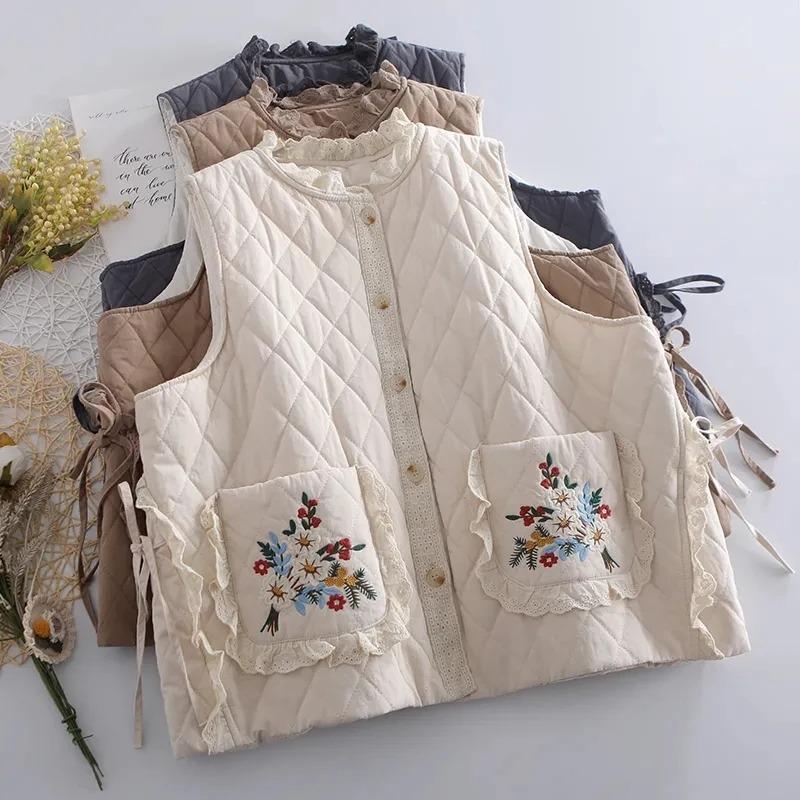 Autumn Winter Sleeveless Lace Casual Women's Down Cotton Vest Coat Advanced Korean Version Ladies Waistcoat Jacket