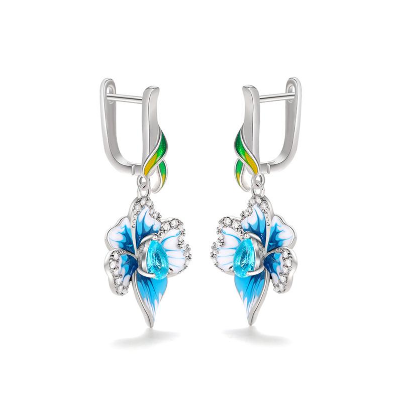 Huitan Handmade Blue Flower Drop Earrings for Women Creative Enamel Design Aesthetic Female Ear Accessories Party Trendy Zircon