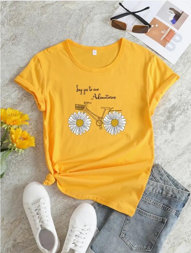 

Модная женская минималистичная футболка с цветочным принтом и велосипедным принтом, забавная повседневная футболка с круглым вырезом и короткими рукавами, летняя женская футболка 8XL жёлтый