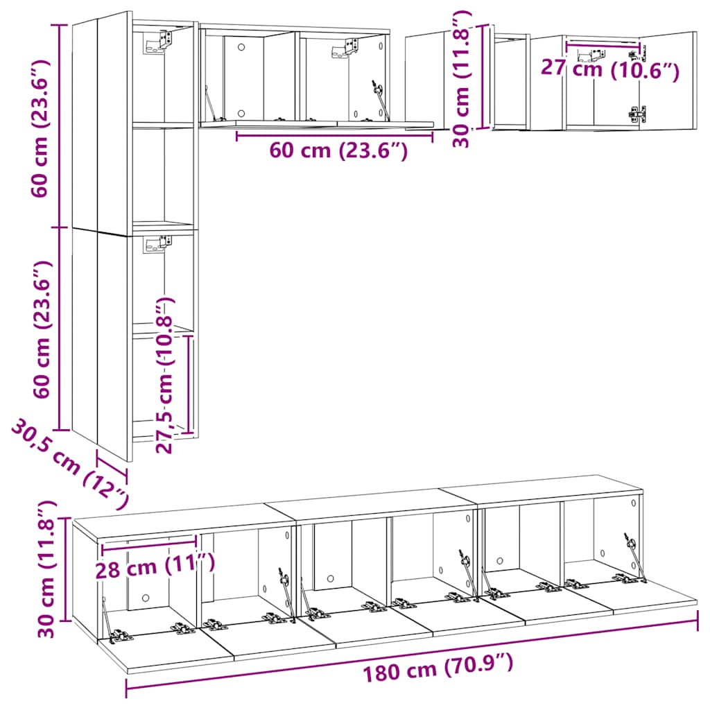 8 piece TV cabinet set white particleboard