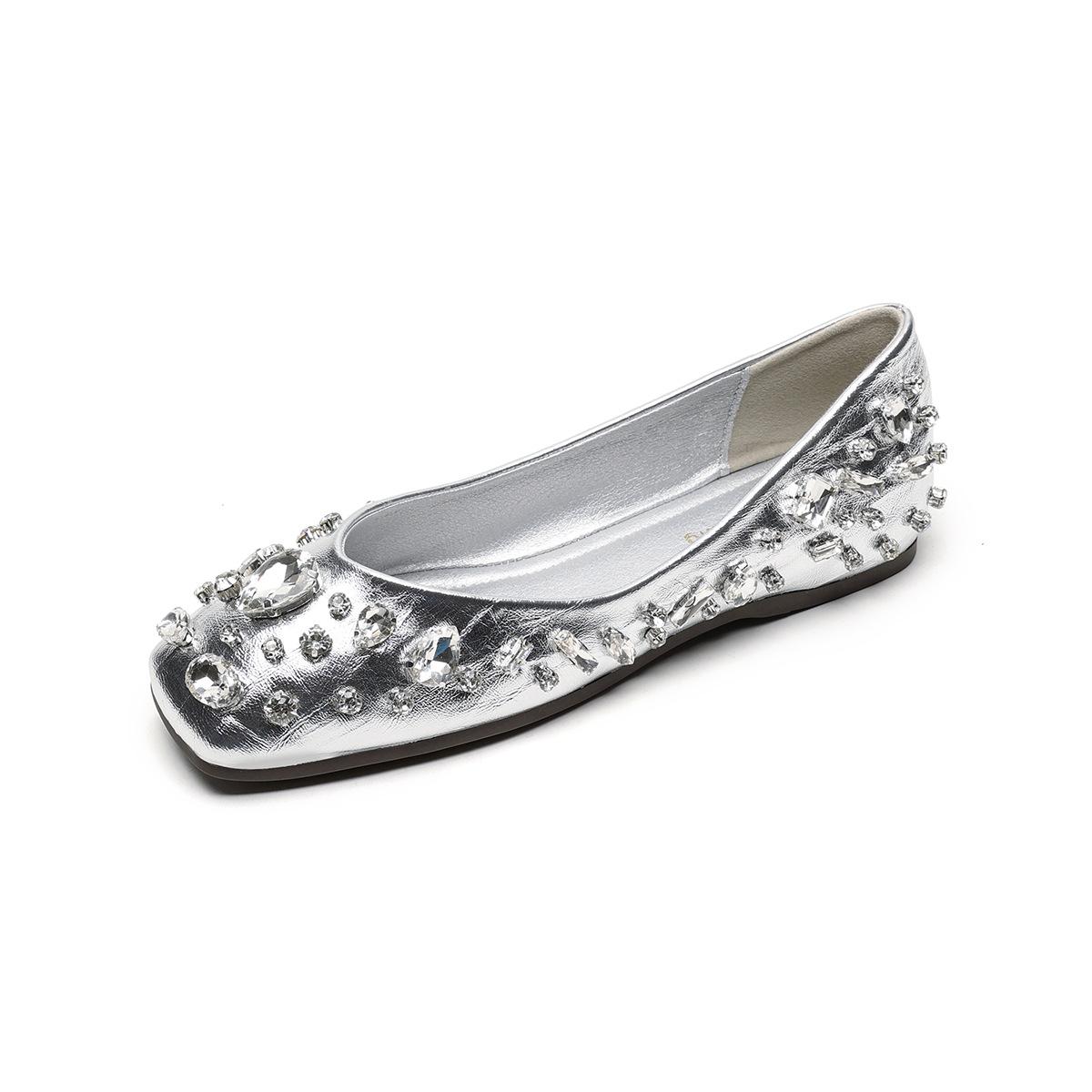 

Square head single shoes women s rhinestones with skirts Gentle shallow mouth women 43 серебряный