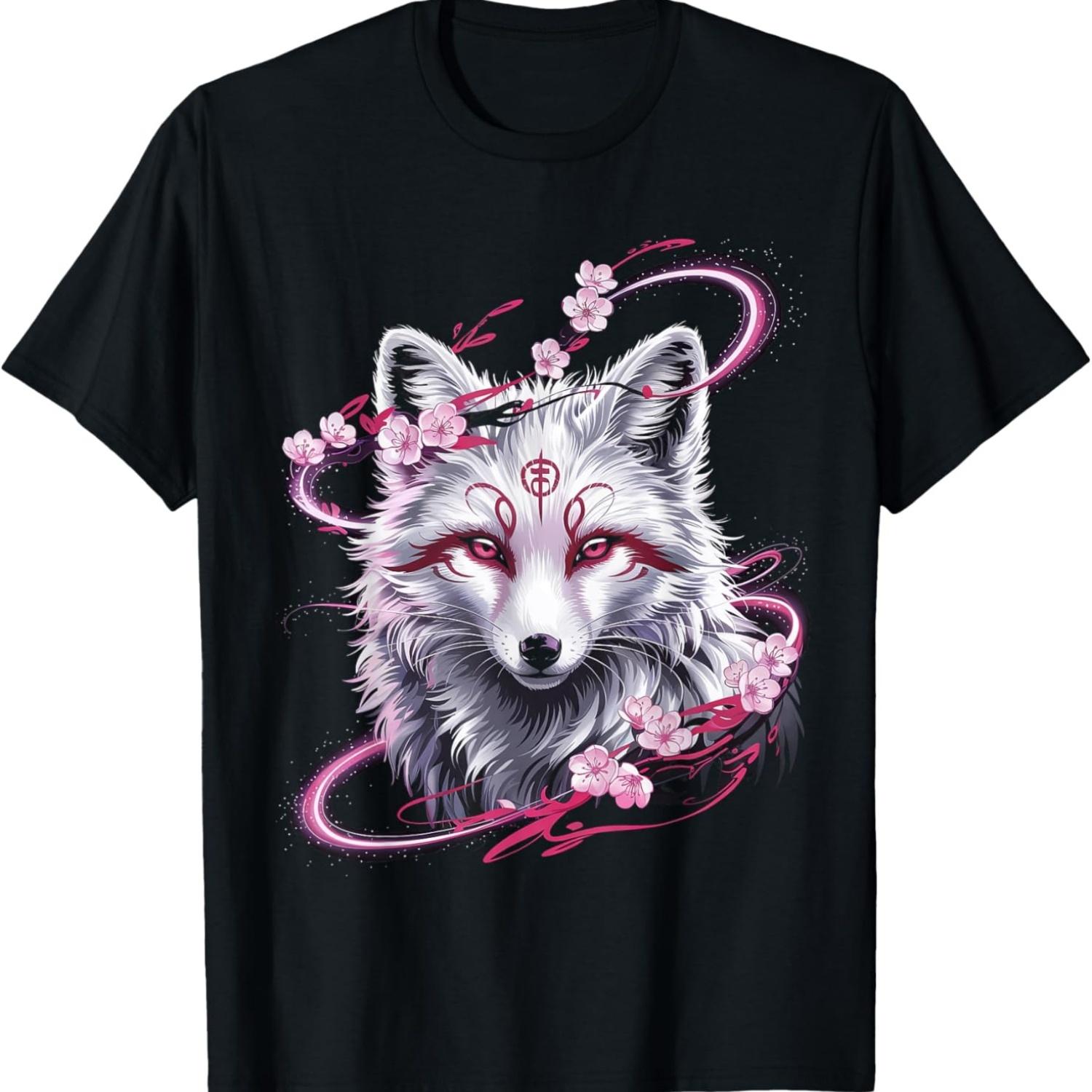 кицунэ белая лиса аниме кавайи цветок сакуры Футболка S чёрный