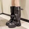 Platform Knee High Boots for Women's Punk Belt Buckle Square Toe Side Zipper Women Shoes Brown Tall Tube Retro Knight Boots