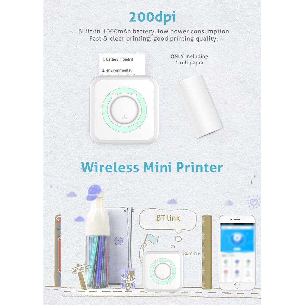 Pocket Thermal Printer Portable Mini Wirelessly BT Connect 200dpi Photo Label Memo List Printing Wireless Printer Clearly