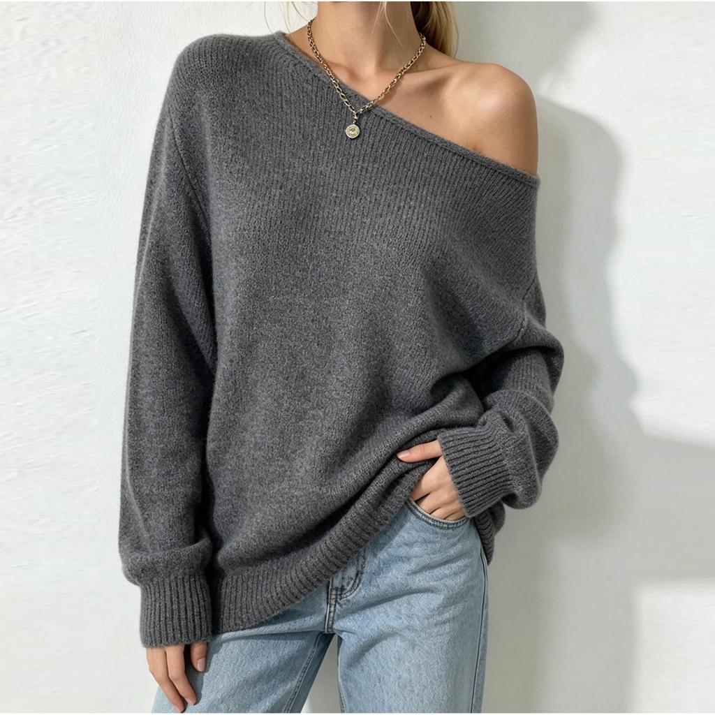Women's Off-Shoulder Long Sleeve Knit Pullover Sweater