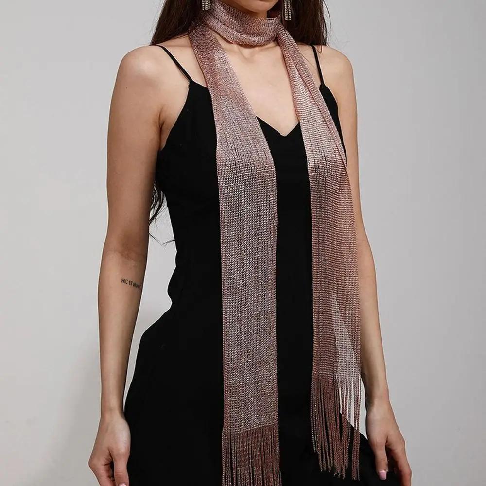 Fashion Lace Tassel Scarf Thin Long Glitter Bright Silk Sunscreen Shawl Shiny Lace Necklace For Women Party Evening Dress Scarf