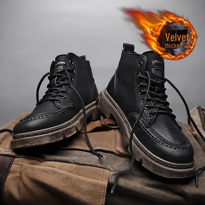 Men's 2024 Anti-Slip Soft Sole British Style Leather High-Top Boots, Work Boots, Martin Boots, Plus Velvet for Autumn and Winter.