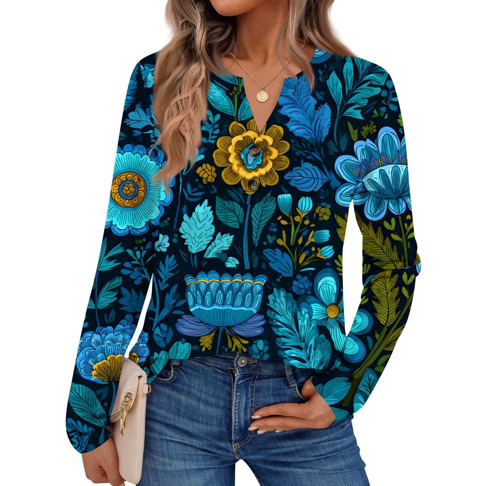 

Women s Floral Print Long Sleeve Shirt Elegant Casual Tops Trendy Shirt Tops L синий