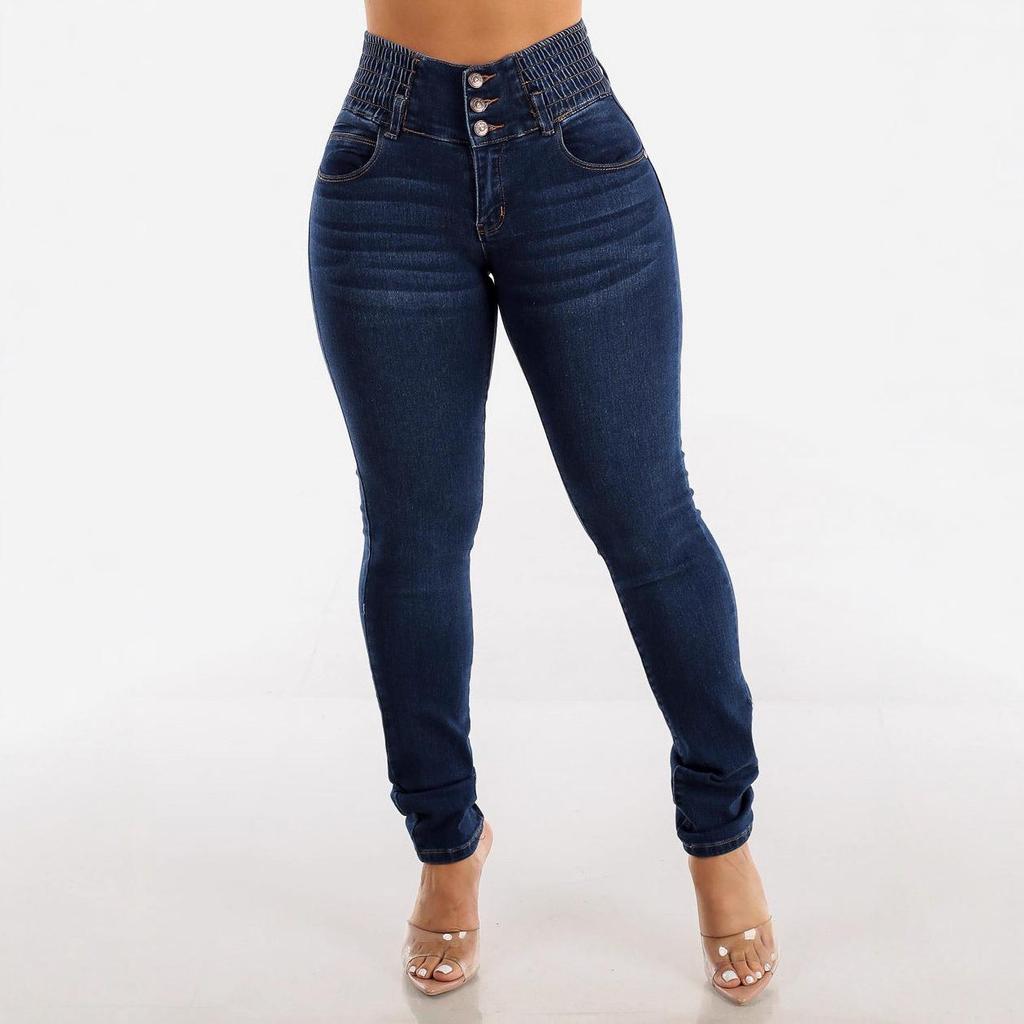 Evropské Horké Výprodejové Štíhlé Pružné Dlouhé Džíny s Vysokým Pasem - Sexy Skinny Kalhoty Zvedající Zadek