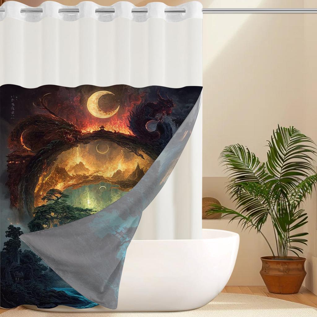 No Hook Abstract Shower Curtain with Snap In Fabric Lining, Transparent Top Window, and Waterproof Double-layer Bathtub Curtai