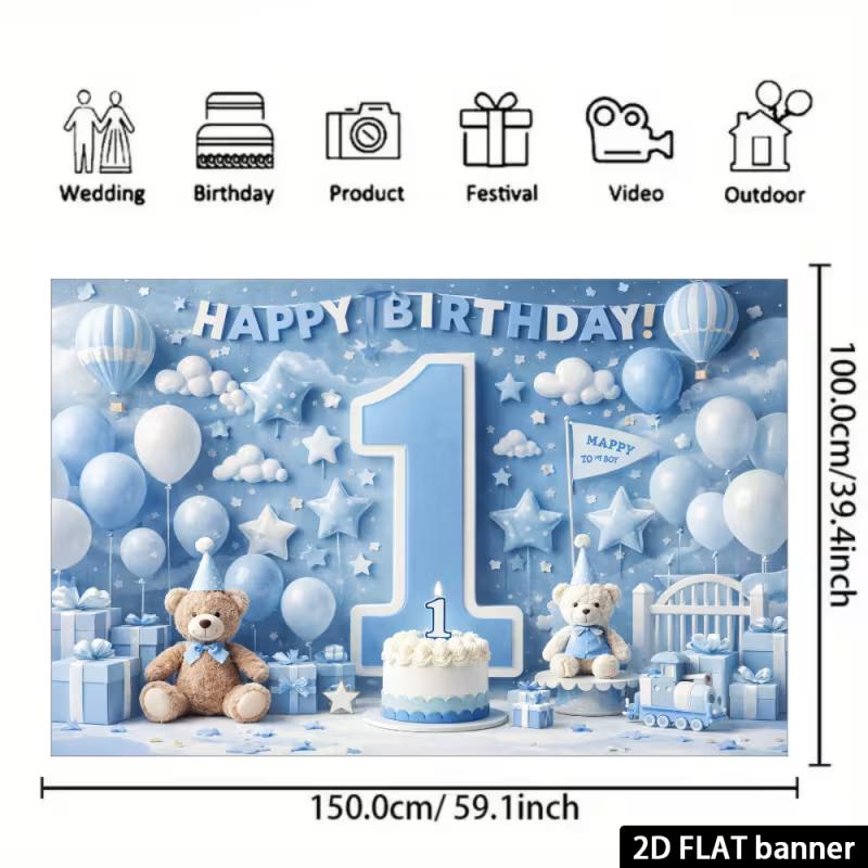 2D Kleiner Prinz 1. Geburtstag Kulisse - Blauer Teddybär Banner für Jungen 1. Geburtstag Fotoshooting