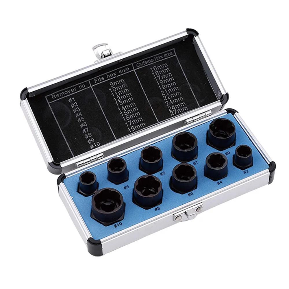 10Pcs Socket Set 9-19mm Damaged Nut Bolt Screw Remover Adopter Car Extractor Threading Tool Box for Electric Drill
