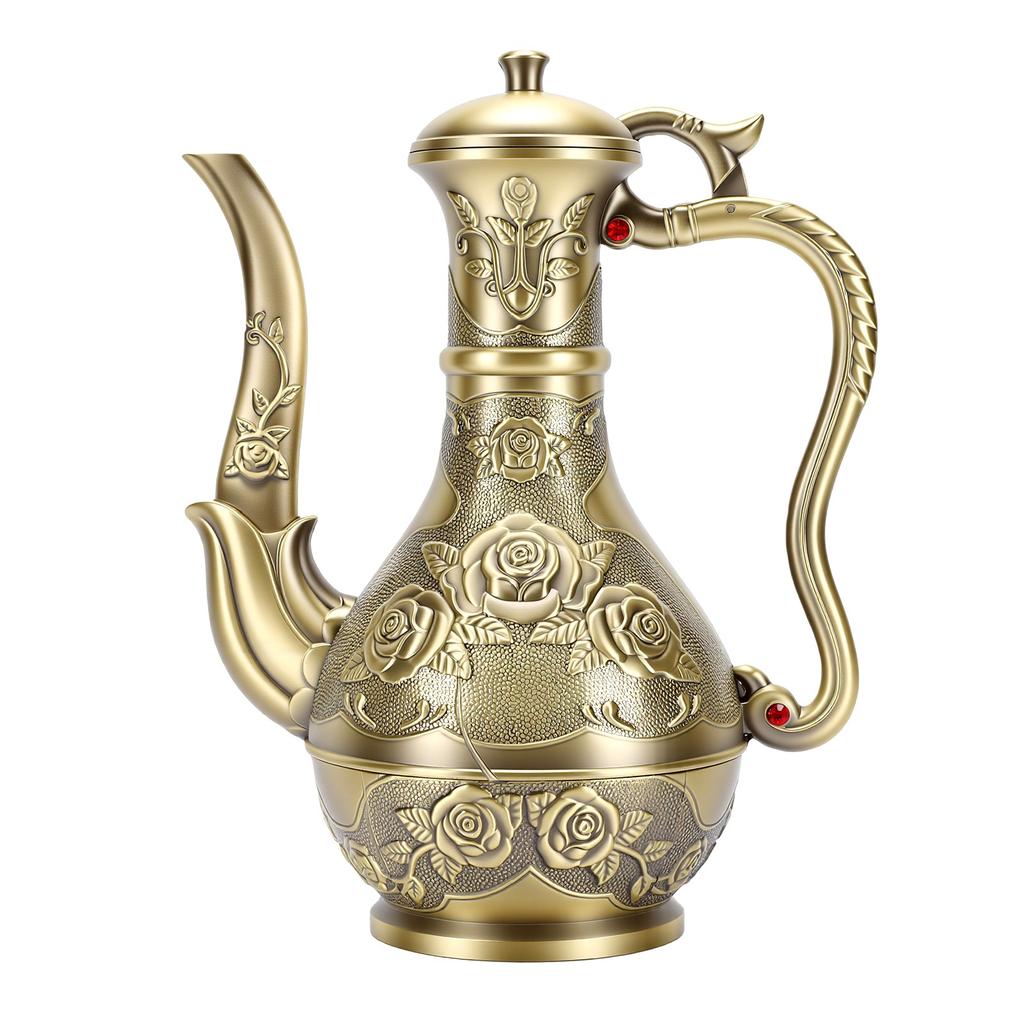 Rose Floral Engraved Antique Wine Pot Decorative Elegant Vintage Teapot for Table Centerpiece