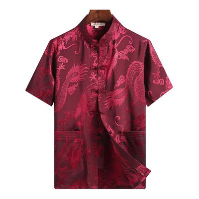 Sommer Tang-Anzug im chinesischen Stil für Herren, chinesisches Jacquard-Hemd mit Scheibenknöpfen und kurzen Ärmeln aus Seide im ethnischen Stil