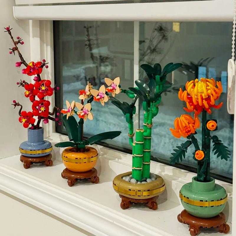 Creative Plum Blossom Orchid Chrysanthemum Lucky Flower 10343 10344 10368 10369 Building Blocks Bricks Toy Gift For Kids