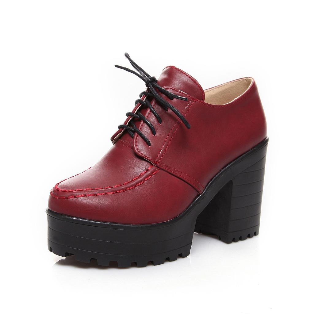 High Heel Waterproof Table Single Shoes Work Shoes British Thick Heel Round Head Leather Shoes Deep Mouth Large Size -46 Size Women'S Shoes