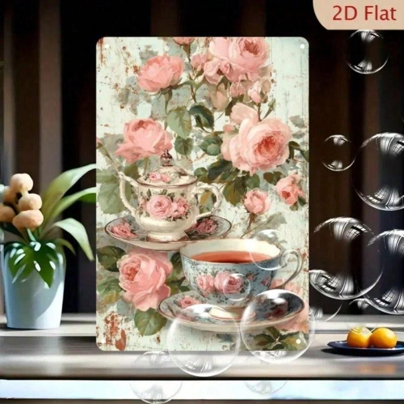 Metal Poster Pink Retro Vintage Farmhouse Flower Wall Art for Kitchen