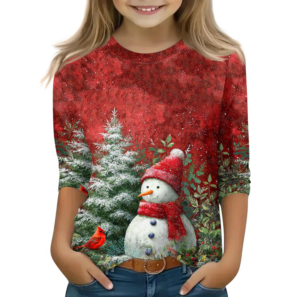 Christmas Day Print Tops For Youth Girls 4-11 Years Round Neck 3/4 Sleeves T-Shirts Trendy Tops Outfit Tees
