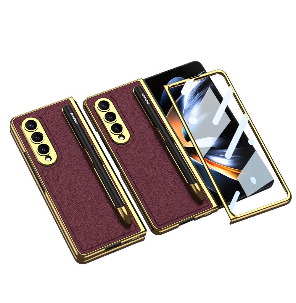 Samsung Z Fold 4 Pen Slot Leather Phone Case with Electroplated Finish and Camera Protection
