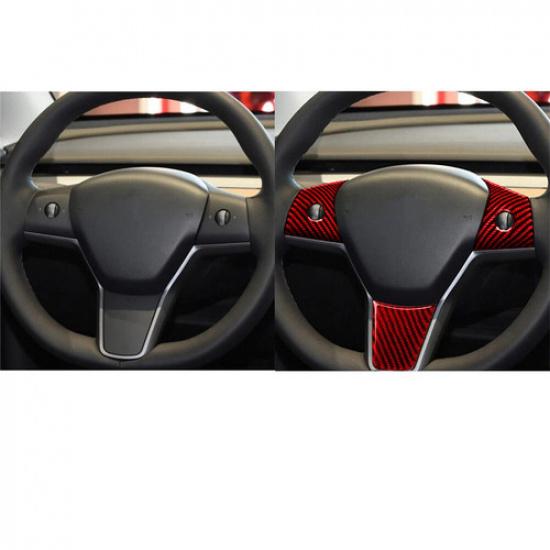 New FOR TESLA MODEL 3 Y CARBON FIBER CAR STEERING WHEEL COVER TRIM RED