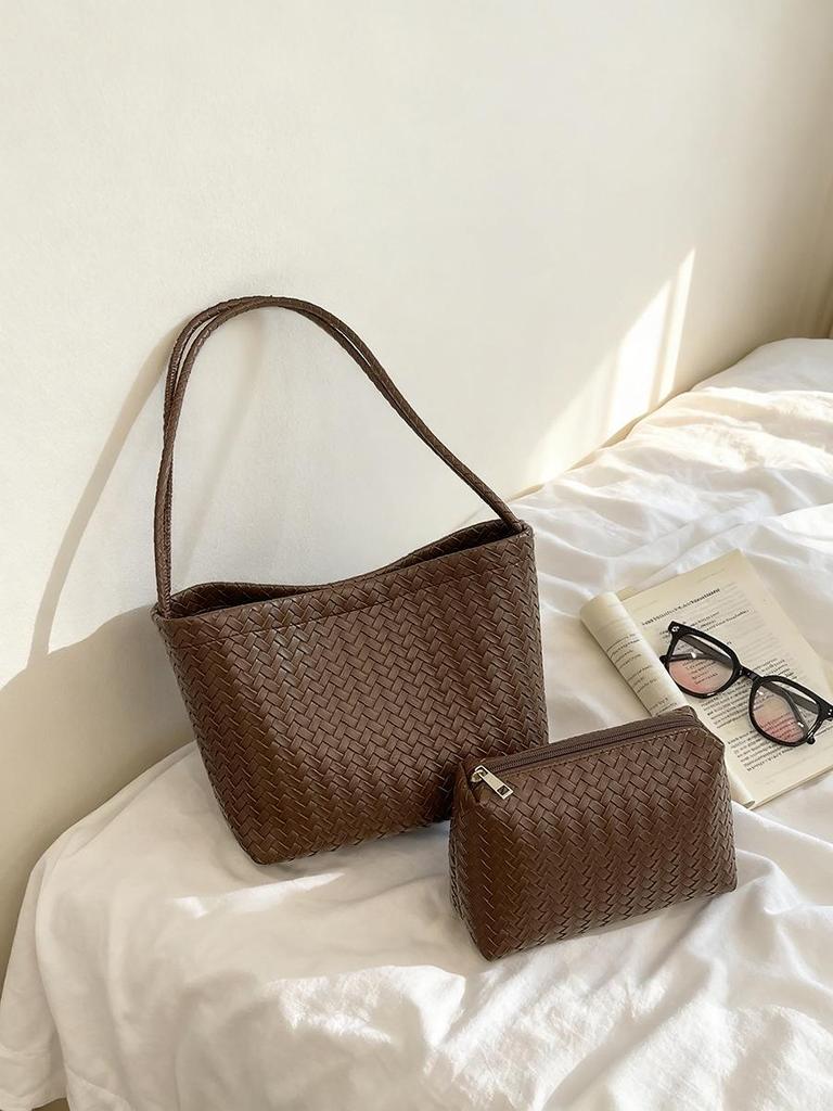 Vintage Cross-Woven Shoulder Tote Bag - Large Capacity, Niche Design Bucket Bag for Women