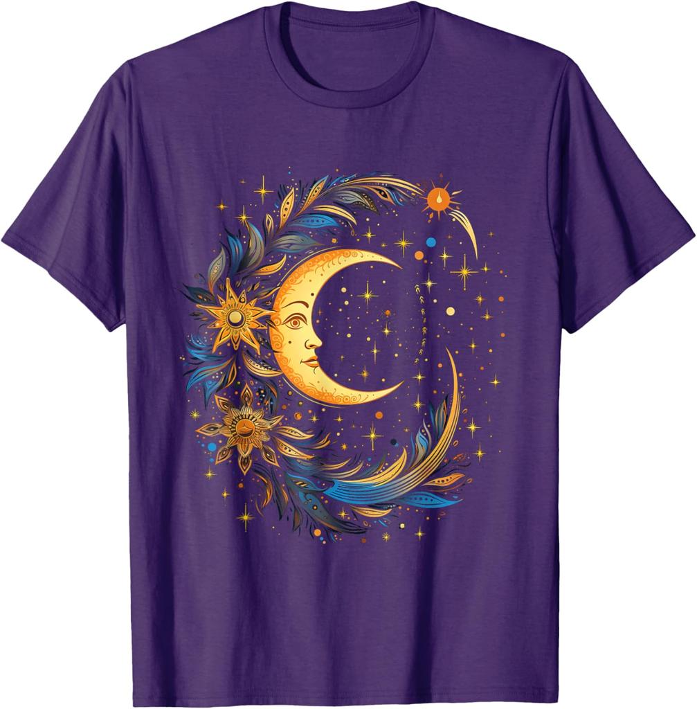 Mystic Celestial Moon and Sun Face Graphic Tee Casual Cotton Short Sleeve T-Shirt for Men