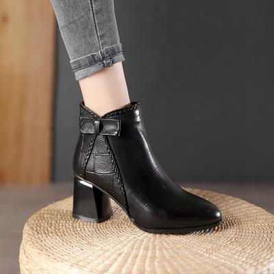 Spitze Zehenpartie Kurzstiefel Damen neue Mode Stiefel mit dickem Absatz erste Schicht kariertes Rindsleder Stiefeletten Damen Baumwollstiefel
