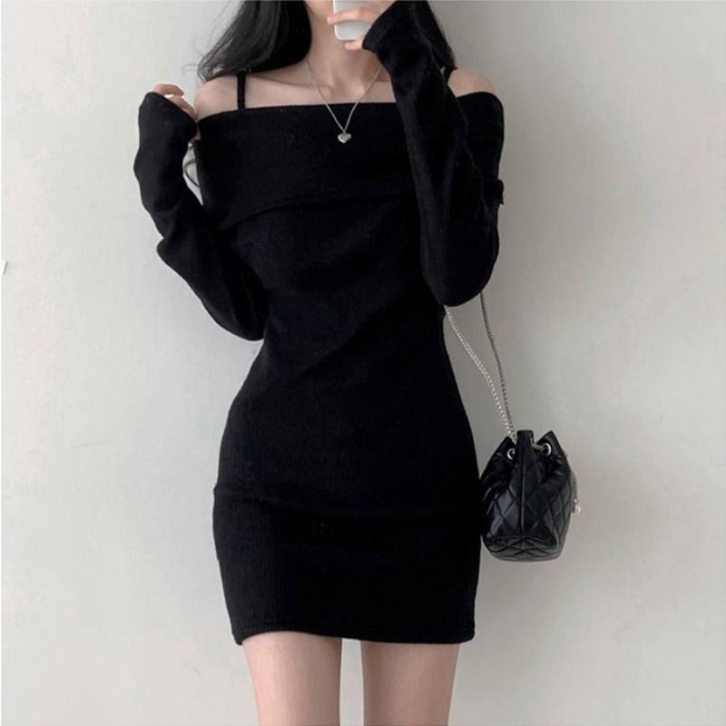 Korean Chic Autumn Small Man Sexy Off-the-shoulder Suspender Lapel Slim Ribbed Knitted Dress Hip-wrapped Short Skirt