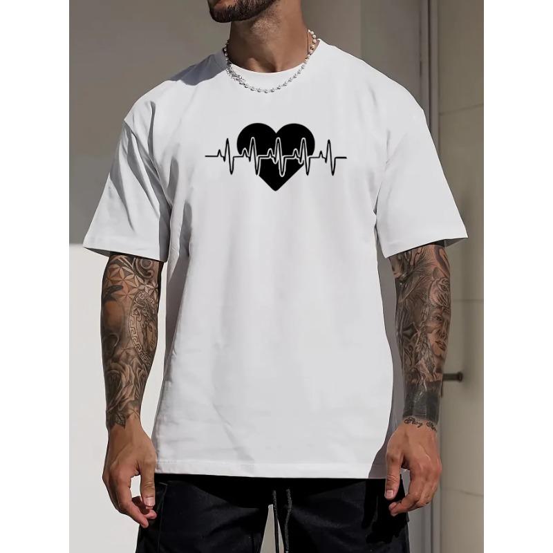 European Sizes Heart EKG Print Tee Shirt, Tees For Men, Casual Short Sleeve T-shirt For Summer