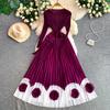 Elegant V-neck Long Sleeve Pleated Dress for Women Orange Red Pearl Trim Belted Waist 3D Flower Hem Midi Dresses Women