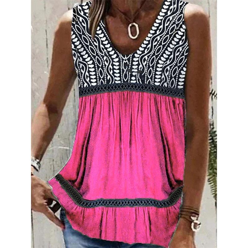 Summer Lace Patchwork Sleeveless Loose Blouse Women Tops V Neck Pleated Elegant Plus Size Shirts for Women Fashion Print Simple Blouses 24530