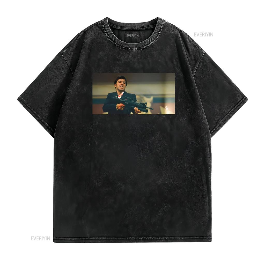 Tony Montana Say Hello To My Little Friend Movie T Shirt Scarface 1983 Vintage Washed Versatile Homme Designer Clothes Fashion