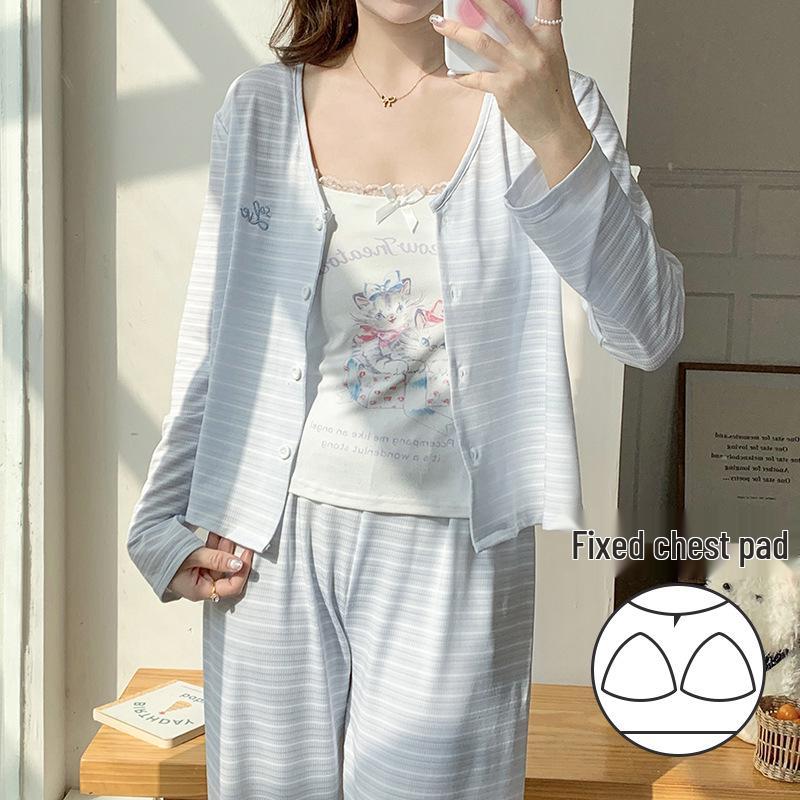 Omida Women s Cationic Jacquard Cotton Pajamas Set: Sweet Striped Camisole with Bra Pads, Three-Piece Home Wear for Spring and Autumn M