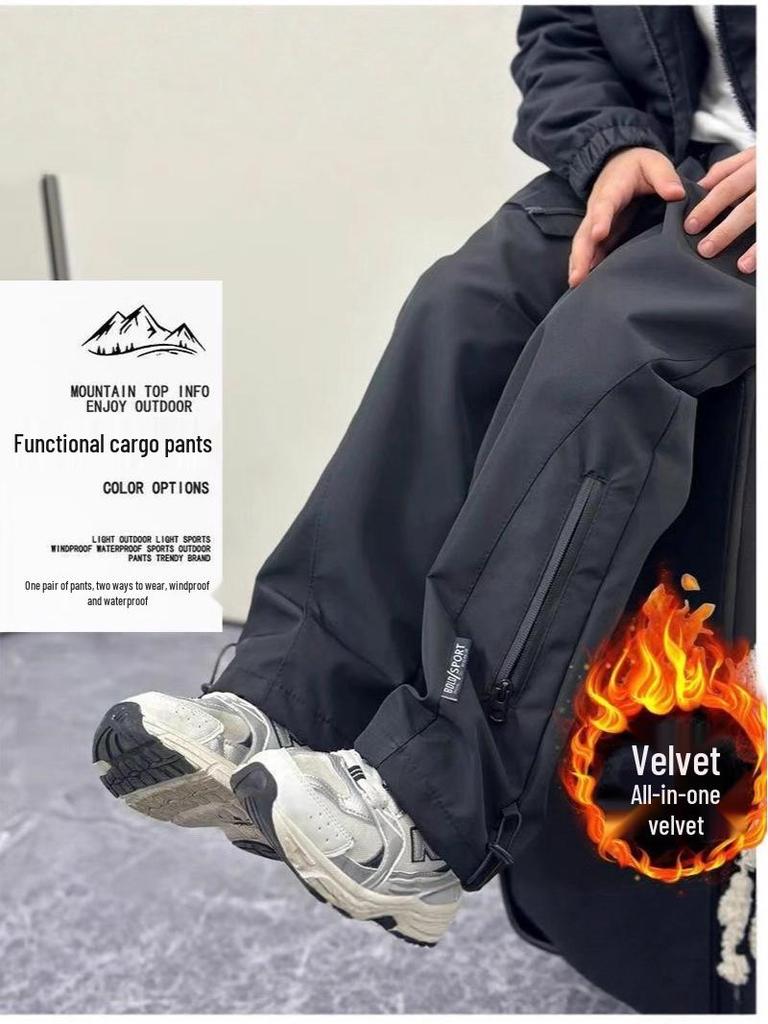 Boys' Waterproof Windproof Cargo Pants - Velvet Lined, Outdoor Autumn/Winter Wear for Middle & Big Kids